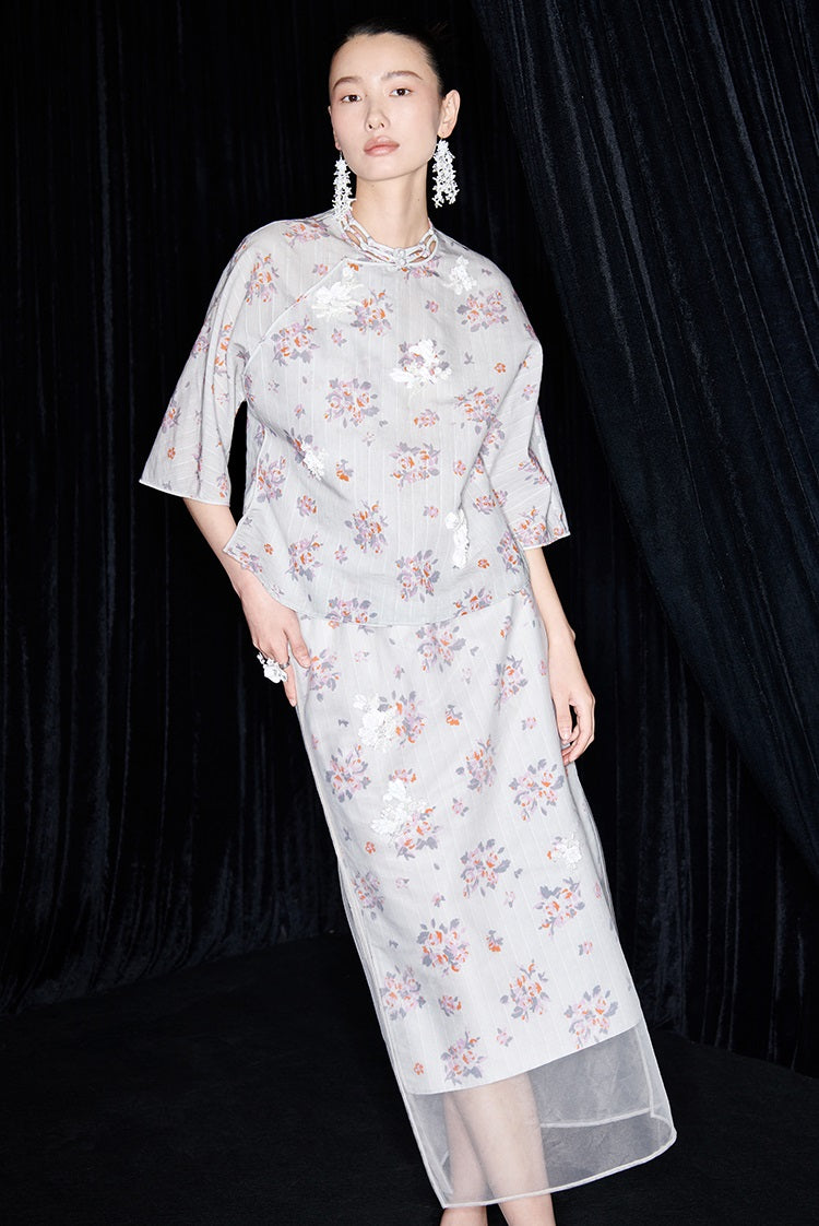 M essential Ma Kay designer Jinghe printed fabric floral nail beads top - JULY.