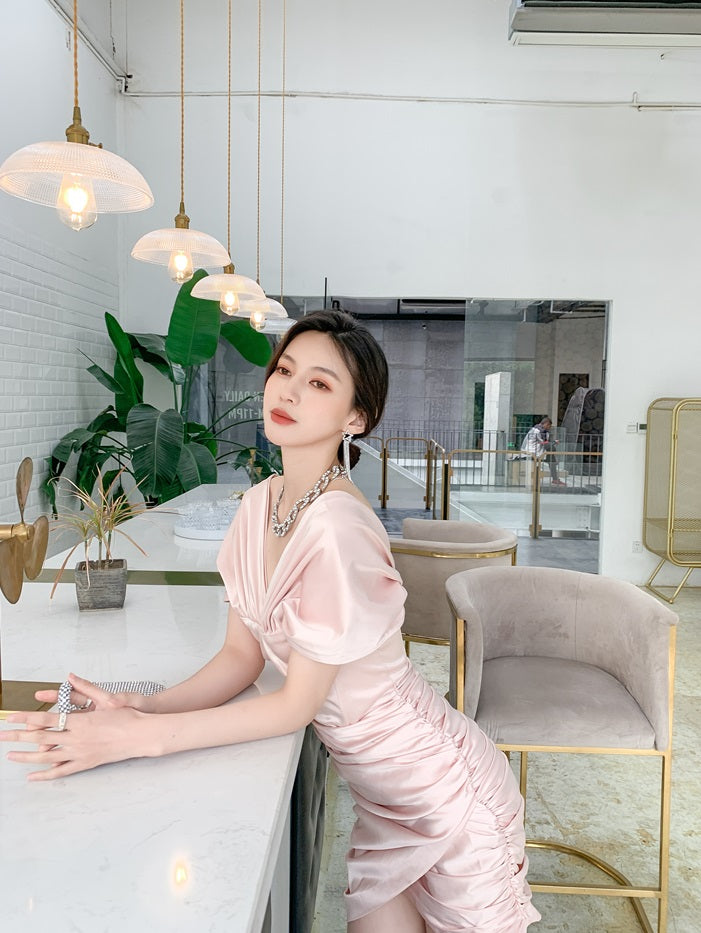 DOLLY Elegant V-Neck Short Sleeve Tube Top Slim Fit Pleated Short Date Dress-LITA