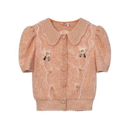 FAME beaded ruffled collar knitted slim top short cardigan- BALDWIN