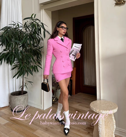 Le Palais Vintage Luxury baby pink wool cotton jacket +skirt dinner date suit-Scottie