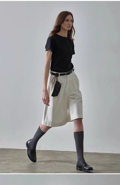 NOTHING WRITTEN pattern shorts high-waisted casual wide-leg cropped pants-GWEN.