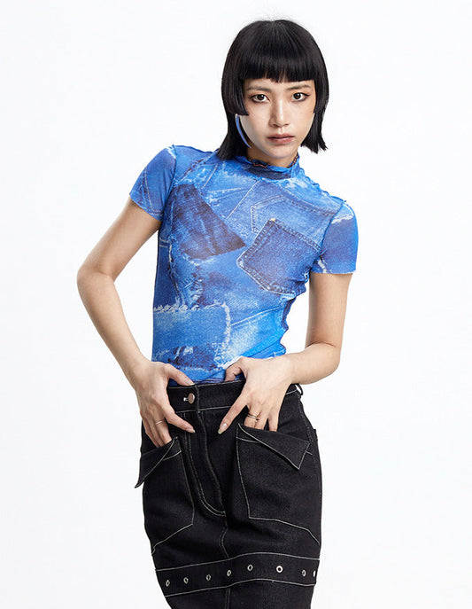 TINY IN denim print sun protection mesh long short sleeve t-shirt -IHU