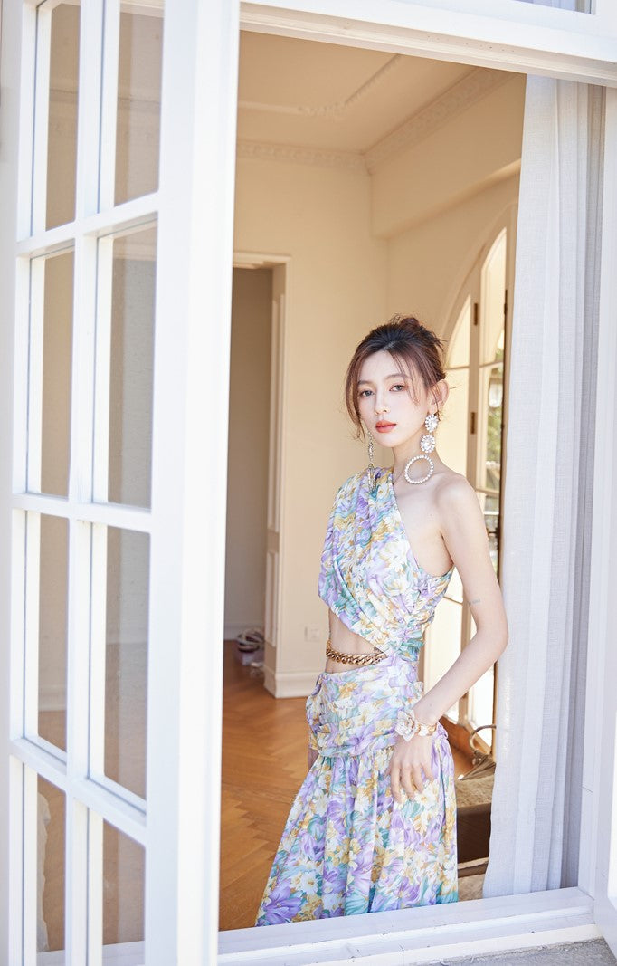 DOLLY Luxury French Style Floral One Sleeve Off Shoulder Waist Baring Slit Resort Dress-LYRA