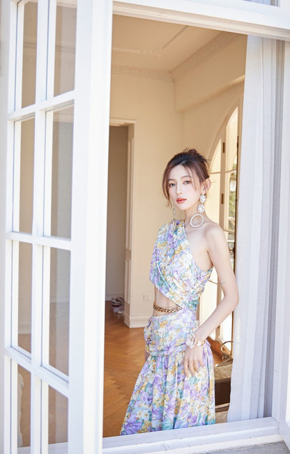 DOLLY Luxury French Style Floral One Sleeve Off Shoulder Waist Baring Slit Resort Dress-LYRA