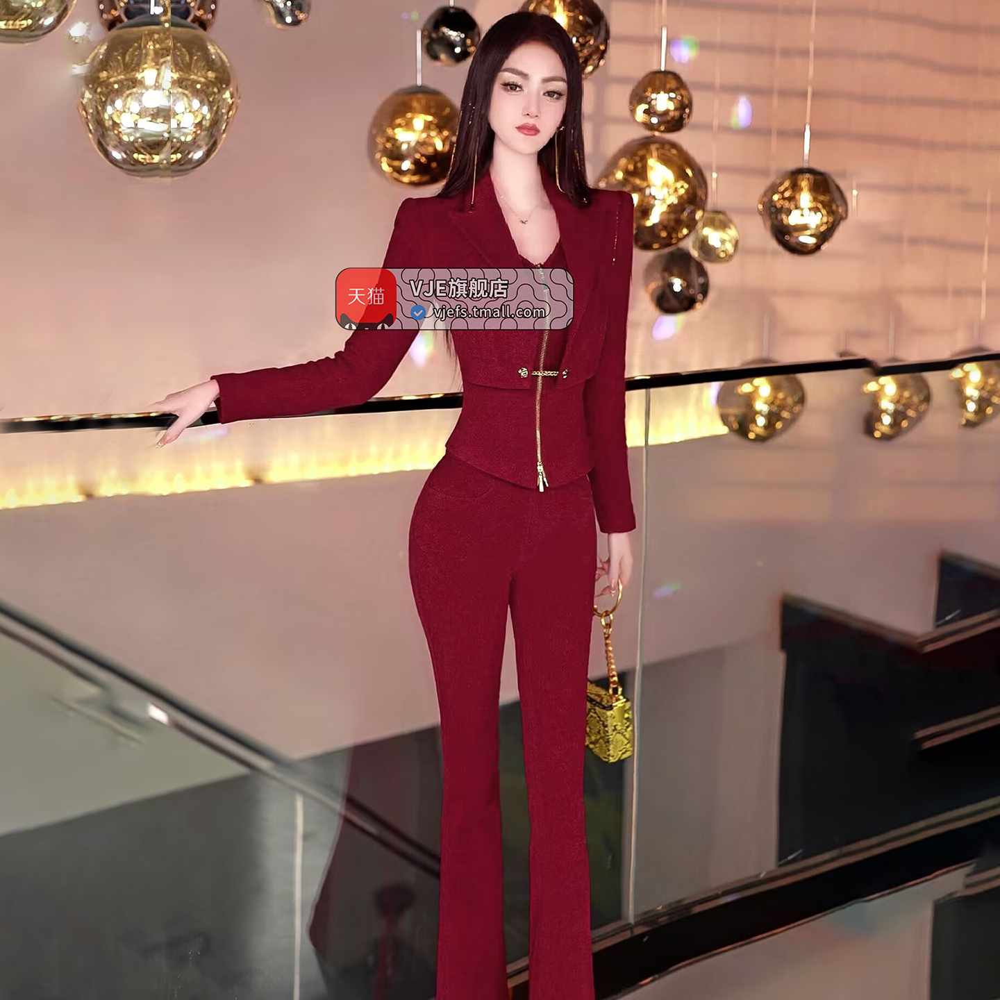 VJE velvet top flared pants two-piece women's OL suit set -FLORA.
