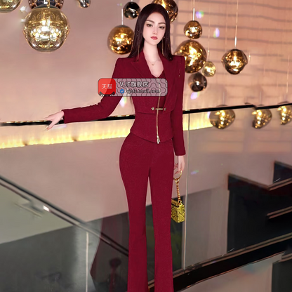VJE velvet top flared pants two-piece women's OL suit set -FLORA.