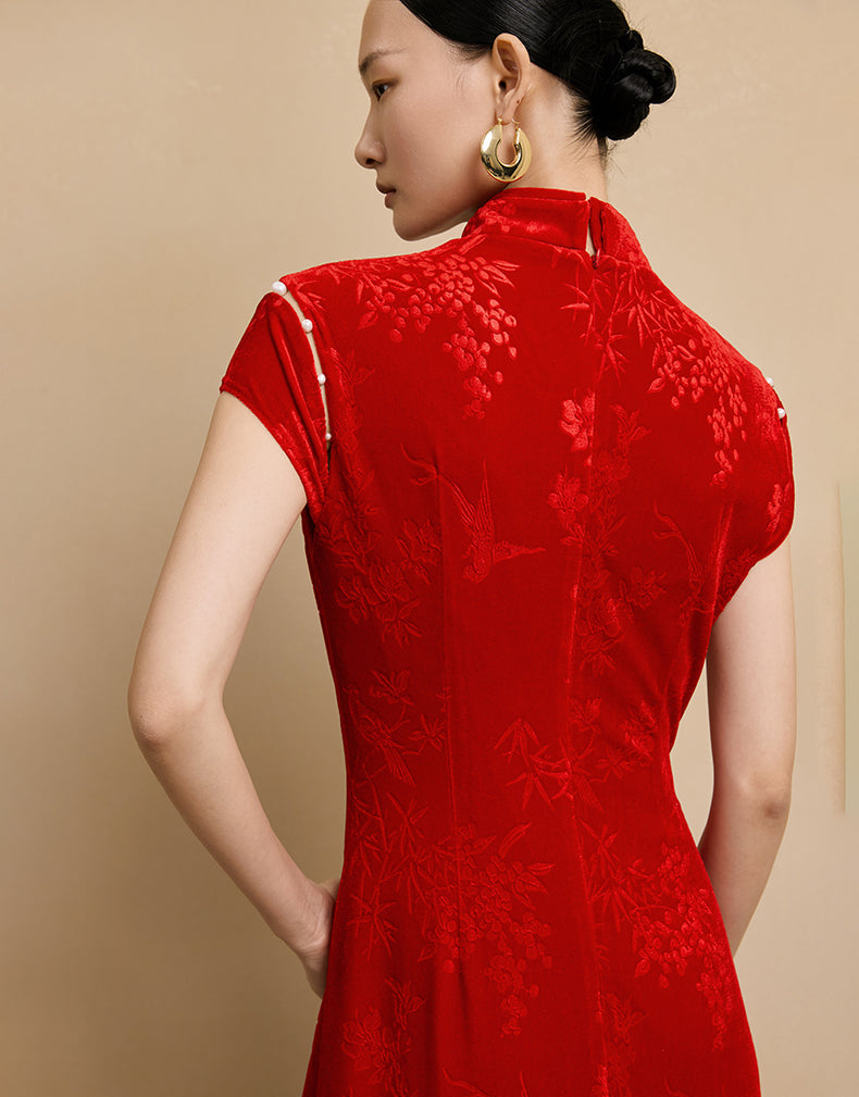 HECO Velvet Embossed Red Black Long Dress Women's- EXPECT.