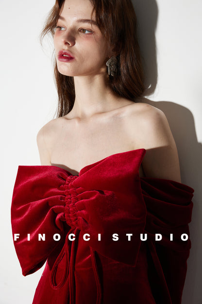 Red Velvet large Bow Off Shoulder Short holiday party Dress Red Velvet large Bow Off Shoulder Short holiday party Dress