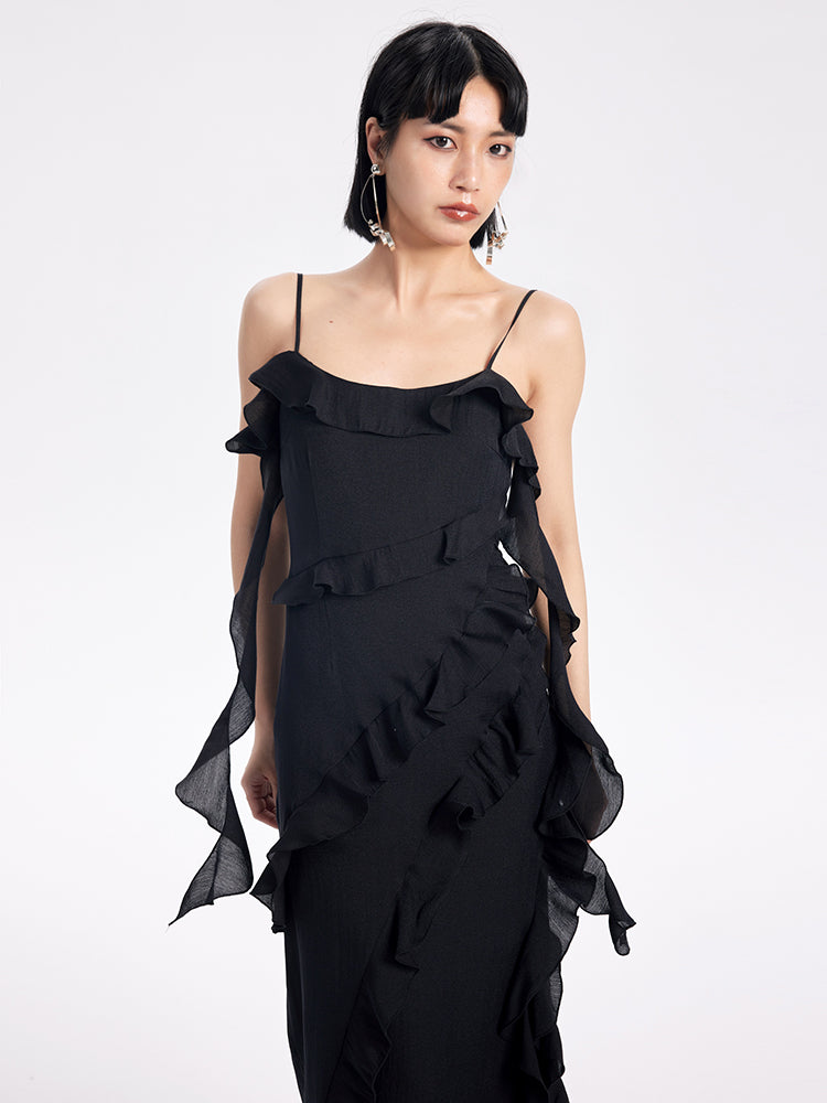 TINY IN ruffled side slit midi slip dress -KAKA