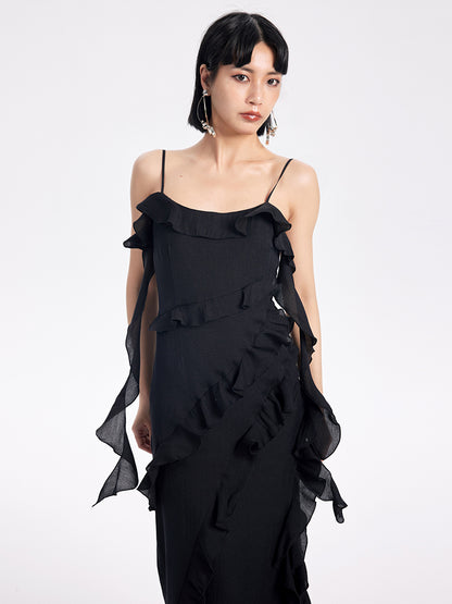 TINY IN ruffled side slit midi slip dress -KAKA