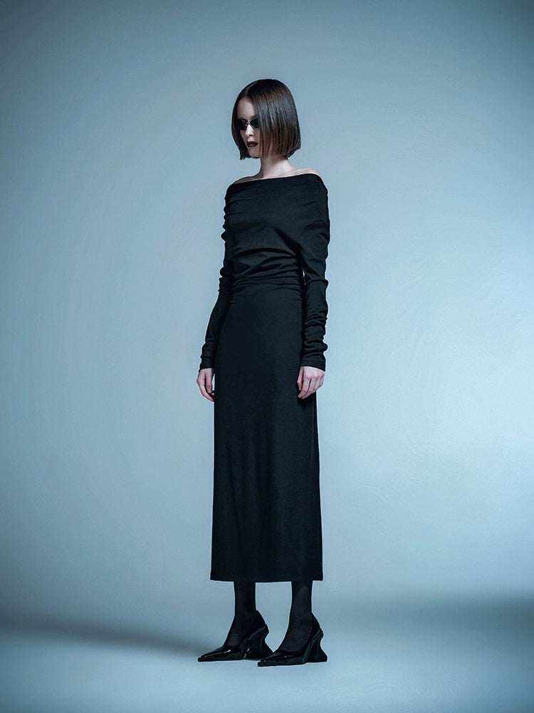 ANNAKIKI  Designer Vertical Back Cut-out Pleated One-Line Neck Dress-MIU