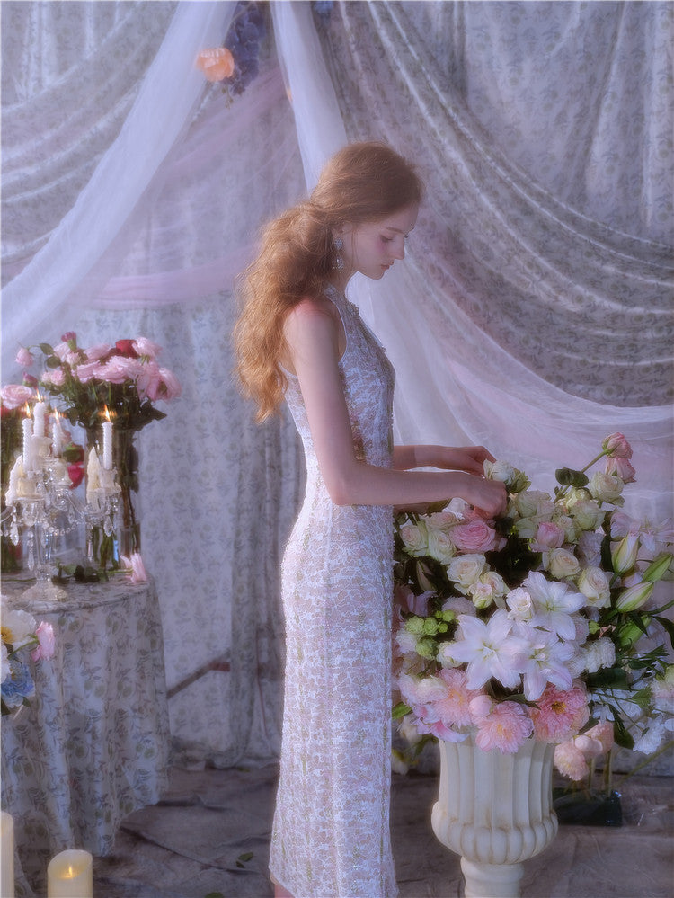 Wardrobes by Chen Elegant Beige Sleeveless Embroidered Crystal Bead Dress - Gilbert