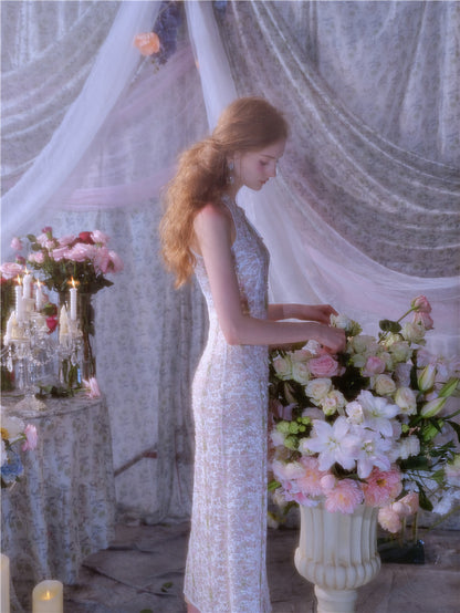 Wardrobes by Chen Elegant Beige Sleeveless Embroidered Crystal Bead Dress - Gilbert