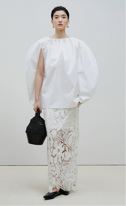 ZHUCHONGYUN white elegant cut-out shirred blouse-MIKASA.