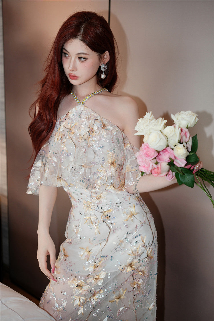 Wardrobes by Chen Elegant wedding guest Halter Sleeveless Lace bridal Dress- Megan