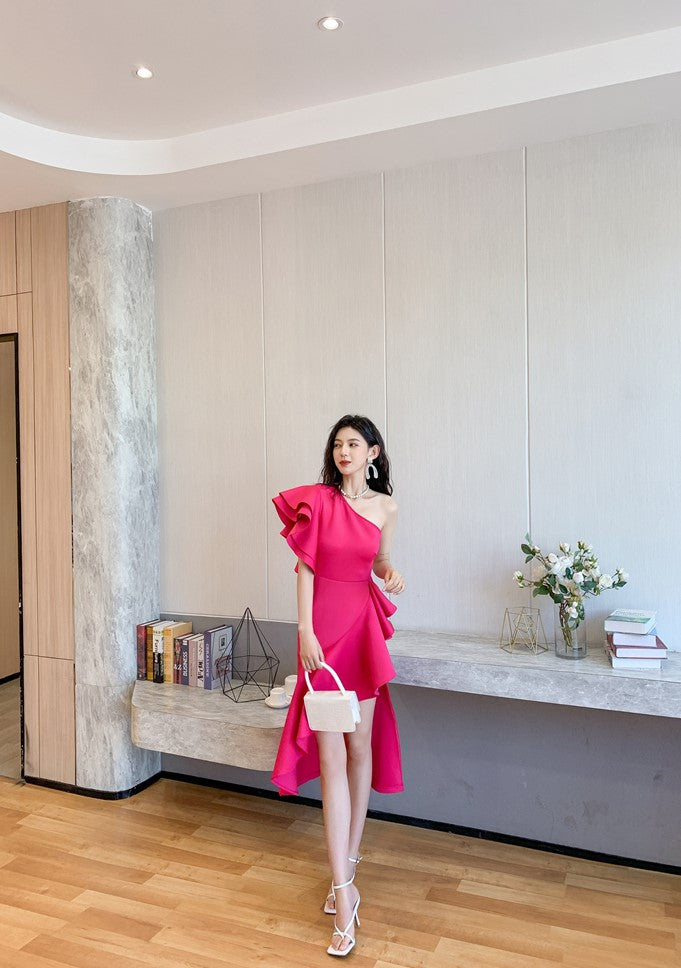 DOLLY Elegant Slant Collar Ruffle Sleeve Slim Fit Midi Irregular Skirt Party Dress-GANGA