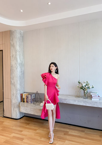 DOLLY Elegant Slant Collar Ruffle Sleeve Slim Fit Midi Irregular Skirt Party Dress-GANGA