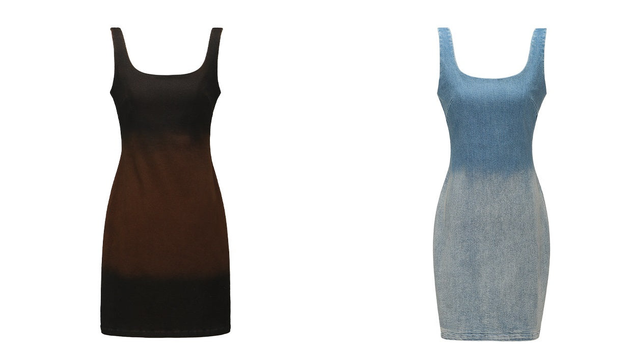 WANGXO |Long-Staple Cotton Neckline and Waist-Cinched Cropped Denim Dress -LANA