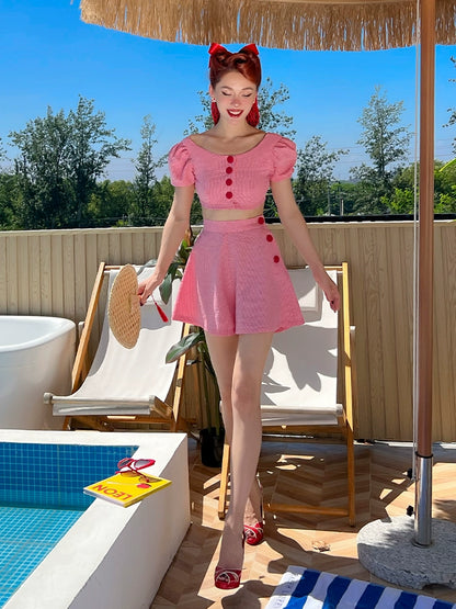 Le Palais  Red Small Padded Sleeve Short Top High Waist Shorts-GAM.