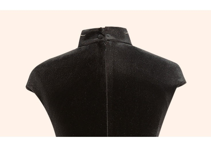 Magic Q's black stand-up collar embroidered sleeves mesh panels slit velvet dress - Miimi
