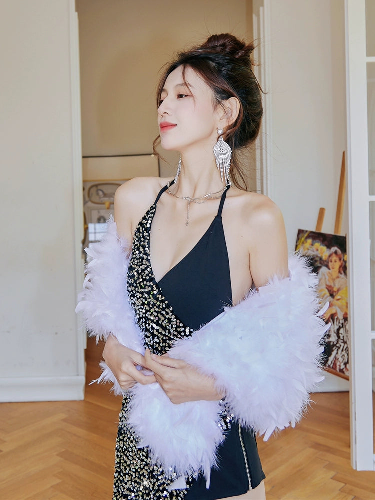 DOLLY Luxury Black Sleeveless Sequin Halter Neck Irregular Hem Sexy Cocktail Dress-ANASTASIA