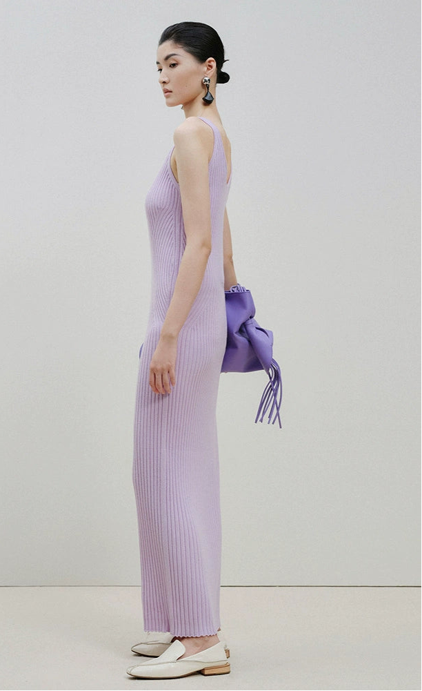 ZHUCHONGYUN Purple Ribbed Sleeveless Straight Sheep Wool Knit Maxi Dress-IVIS.