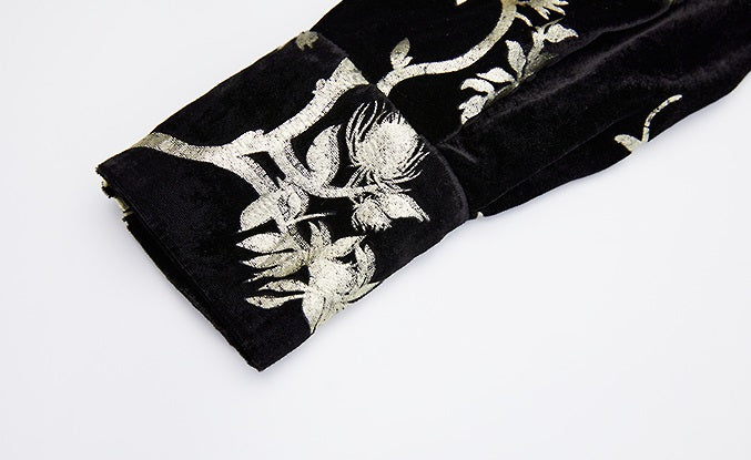 ZHUCHONGYUN bronzing velvet slit long sleeve floral dress-SHOUYA.