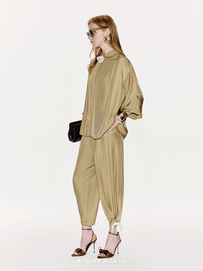 ATELIER MISS LU Embellishment Cinched Acetate Tapered Pants - LEE.