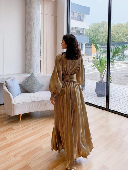 DOLLY Elegant Peach V-Neck Long Puff Sleeve High Waist Long Flowing Guest Dress-BESTY