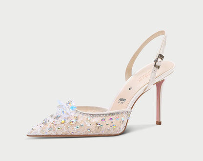 Pjjuu pointy toe formal Lace Rhinestone bridal wedding sling back stiletto heels  - AWEH