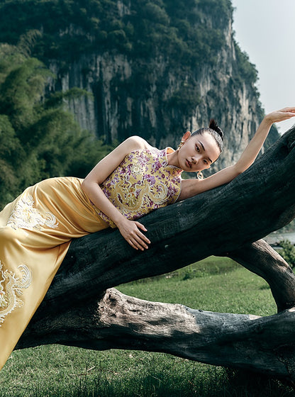 HECO Chinese Retro Style Embroidery Golden Dragon Stand-up Collar Vest Top  - QANT.