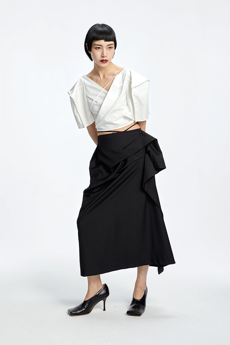 Tiny in three-dimensional square sleeve cross collar tie irregular shirt top women's short -CAM