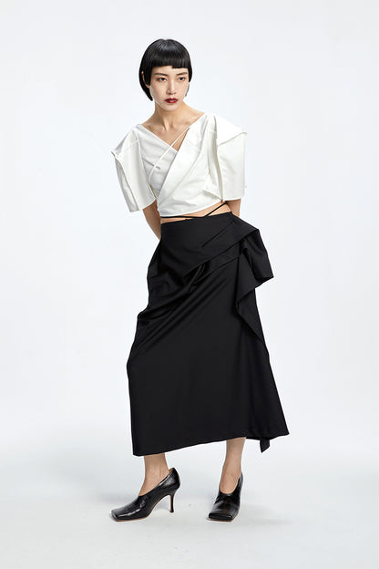 Tiny in three-dimensional square sleeve cross collar tie irregular shirt top women's short -CAM