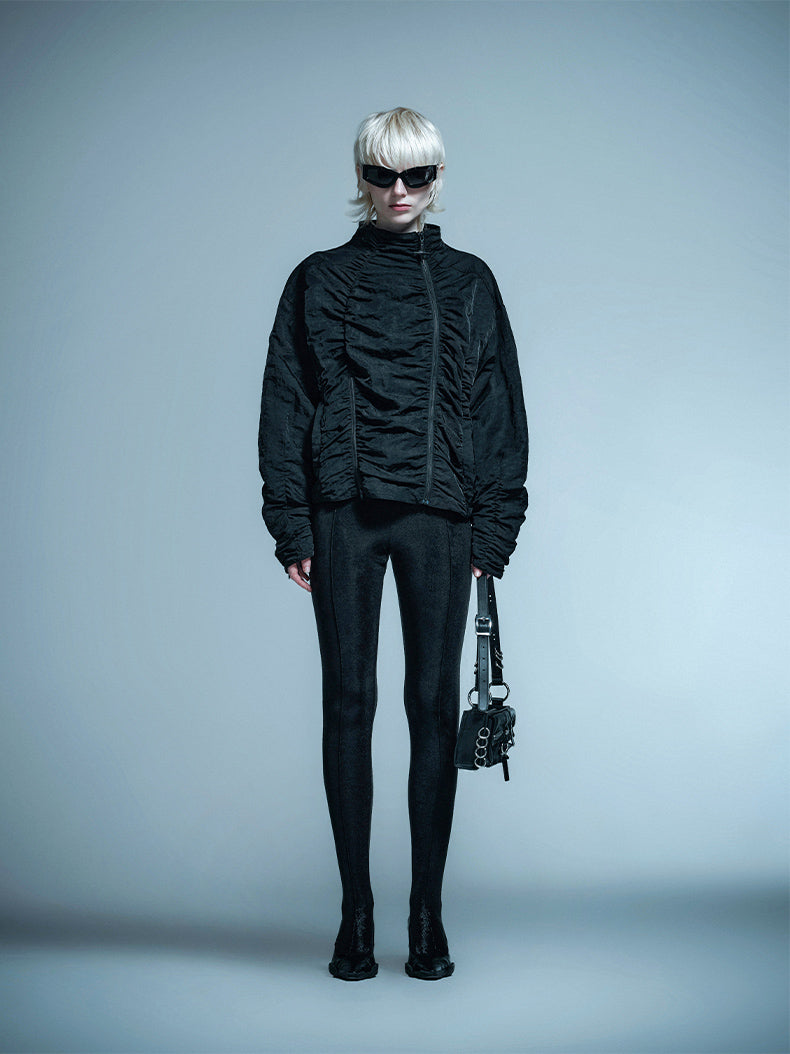 ANNAKIKI black zipper split function pleated jacket for women-HINA