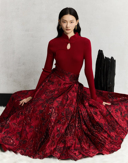 HECO Wear Gold Wire Embossed Horse Face red high waist pleated Skirt - burn.