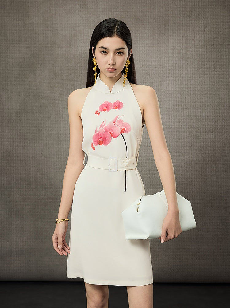 HECO Phalaenopsis Print Sleeveless Belted Short Dress  - QUITE.