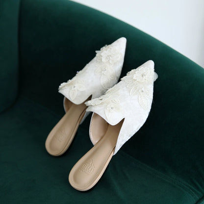 B-FEI pointed toe flower embossed flat mules -OPERT.