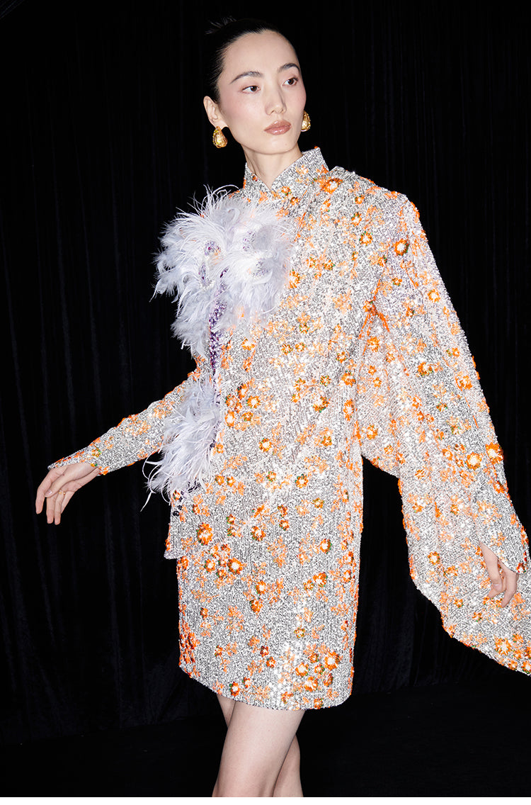 M essential Mackay designer vermilion embroidery iris ostrich feather bead dress - GINA.