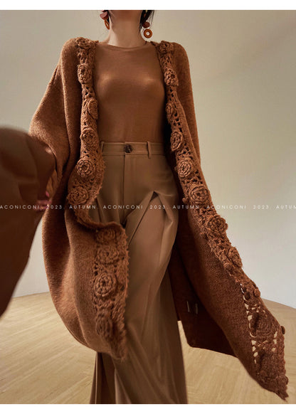 Aconiconi Luxury Loose V-Neck Long Sleeve Crochet Sweater - Camellia in the Fields