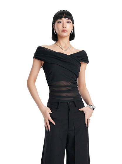 TINY IN short sleeve irregular slim mesh top -ASH