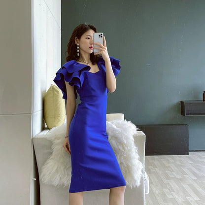 DOLLY Elegant Square Collar Ruffle Short Sleeves Slim Fit Midi Office Dress-HELEN