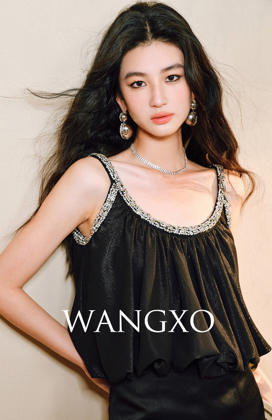 WANGXO Diamond Dust Camisole Crust Hem Shirred A-Line Top- NYXIE.
