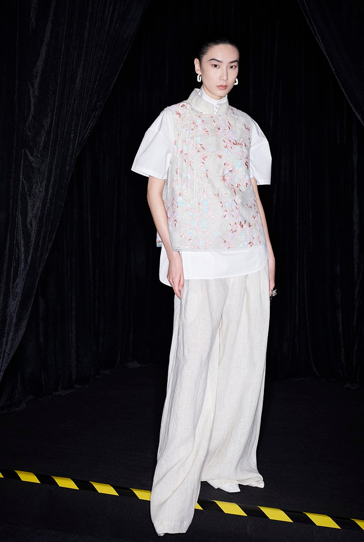 M essential Mackay designer beaded pavé embroidered linen vest - ELONIA.