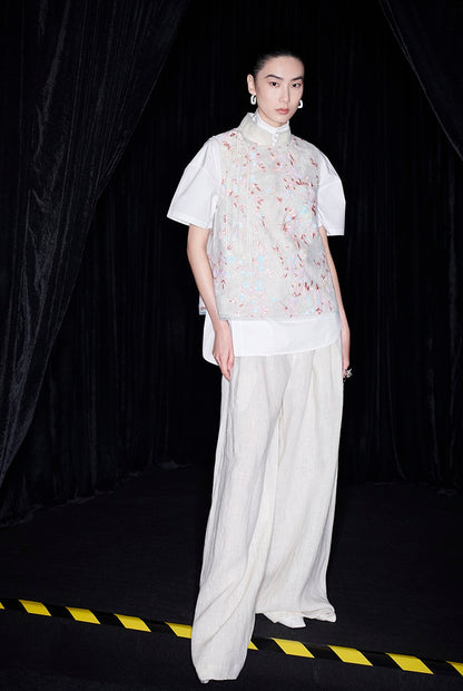 M essential Mackay designer beaded pavé embroidered linen vest - ELONIA.