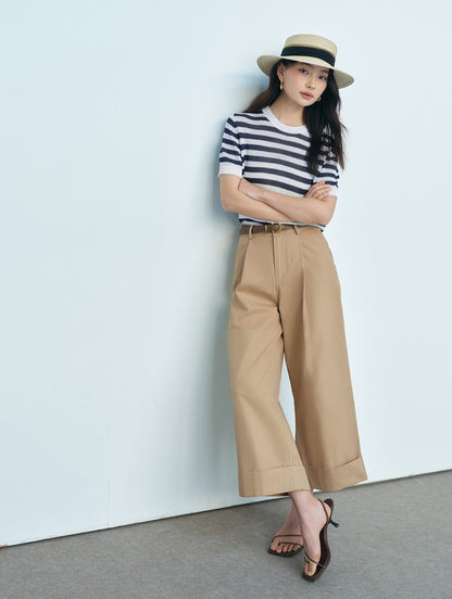 SUSHE light hollow texture striped short-sleeved knit sweater new stretch loose top -BESS