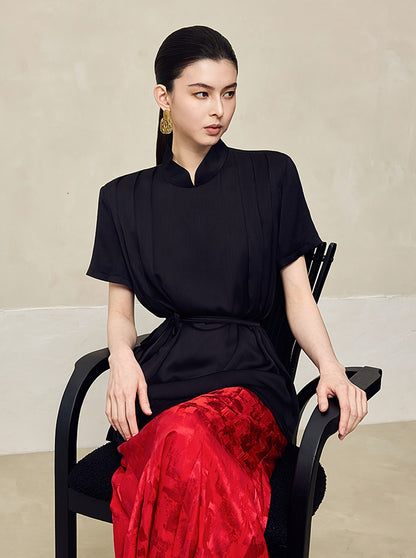 HECO acetate press-pleated cinched waist black white texture t-Shirt - NONE.