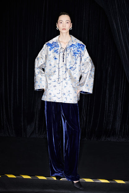 M essential Mackay designer butterfly jacquard blue vine butterfly embroidered top - WIND.