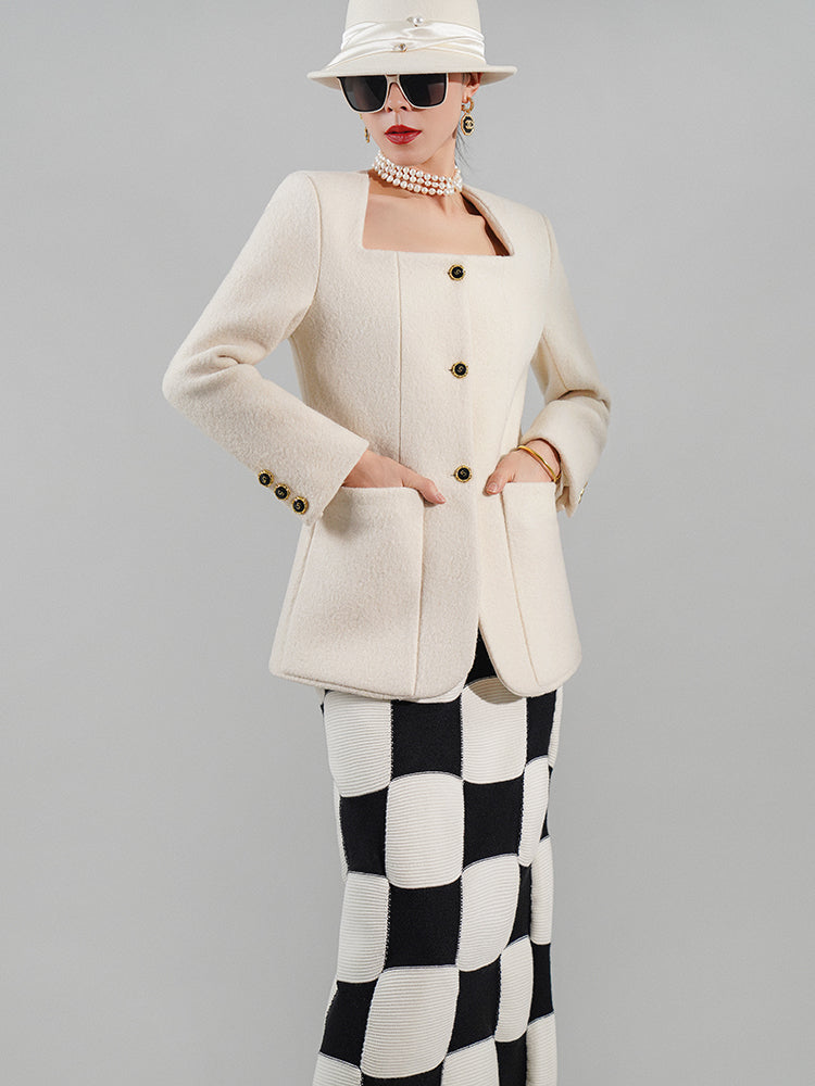 Huanzi 100% wool French square neck minimalist autumn winter white suit blazer - Mianee