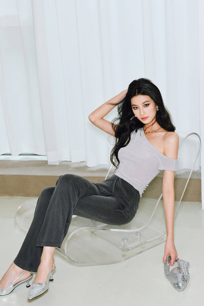 WANGXO Brilliant Radiant Acetate Bright Silk Heavy Handmade Slanted Shoulder Top - NELLA