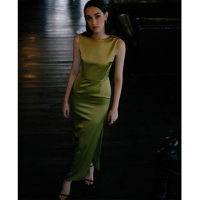 GOUDIN high-end light luxury mustard green evening dress -ZIA.